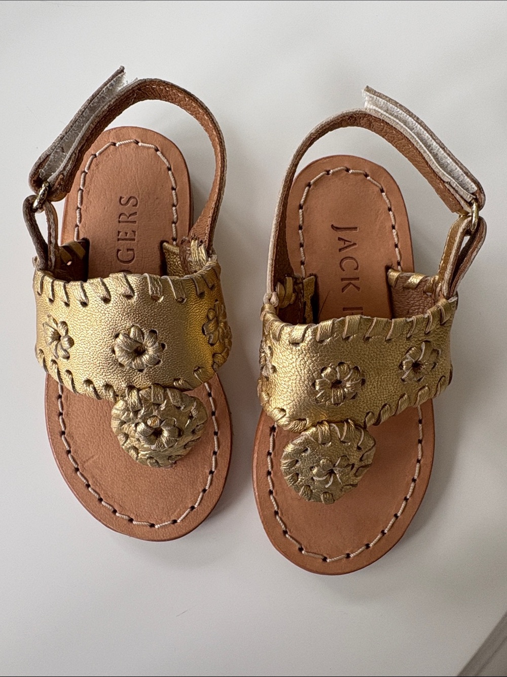 Jack Rogers Metallic Gold Leather Toddler Sandals with Floral Medallions